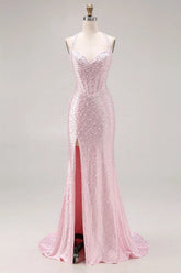 27Dress Pink Halter Sequin Mermaid Sleeveless Long Prom Dress with Split