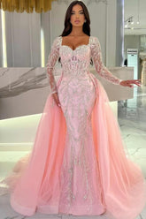 Luxurious Long Sleeve Portrait Sweetheart Tulle Appliques Mermaid with Detachable Train