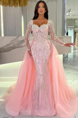 Luxurious Long Sleeve Portrait Sweetheart Tulle Appliques Mermaid with Detachable Train