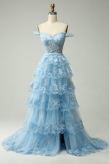 Princess A Line Off the Shoulder Ocean Blue Corset Prom Dress with Lace Ruffles