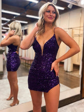 Purple Deep V-Neck Sequin Bodycon Homecoming Dress with Slit