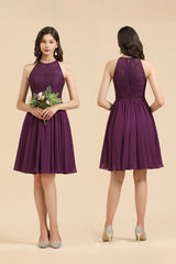 Purple Halter Chiffon A-Line Bridesmaid Dress with Lace Appliques