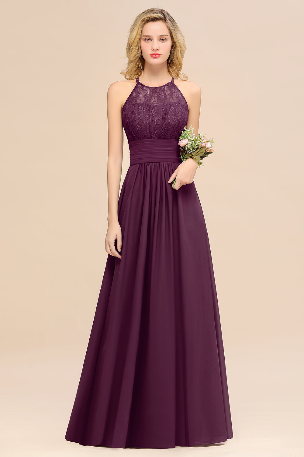 Purple Halter Chiffon A-Line Long Bridesmaid Dress