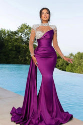 Purple High Neck Satin Mermaid Long Evening Dress with Long Sleeves