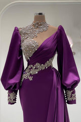 Purple High Neck Satin Sheath Long Prom Dress with Long Sleeves Bodice Detail