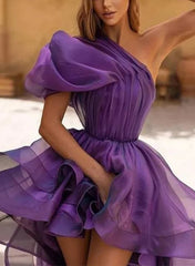 Purple One Shoulder Organza A-Line Prom Dress with Ruffles Bodice Detail