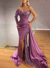 Purple One Shoulder Satin Mermaid Long Prom Dress with Long Sleeves and Slit