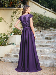 Purple V-Neck A-Line Long Bridesmaid Dress with Lace Appliques Back View