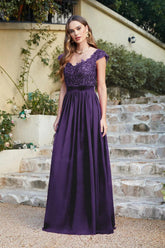 Purple V-Neck A-Line Long Bridesmaid Dress with Lace Appliques