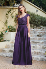 Purple V-Neck A-Line Long Bridesmaid Dress with Lace Appliques