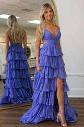 Purple V-Neck A-Line Long Prom Dress with Ruffles and Slit