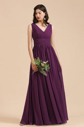 Purple V-Neck Chiffon A-Line Long Bridesmaid Dress