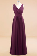 Purple V-Neck Chiffon A-Line Long Bridesmaid Dress with Ruching