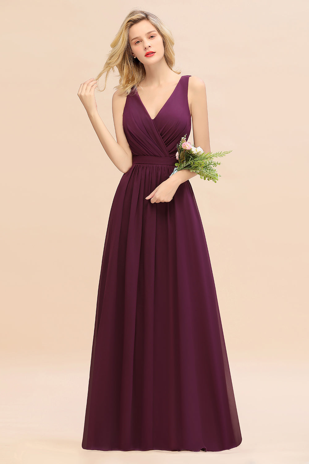 Purple V-Neck Chiffon A-Line Long Bridesmaid Dress with Ruching