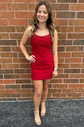 Red Cowl Neck Bodycon Homecoming Dress with Rhinestones