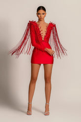 Red Deep V-Neck Bodycon Homecoming Dress with Long Sleeves
