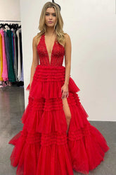 Red Deep V-Neck Tulle A-Line Long Prom Dress with Slit