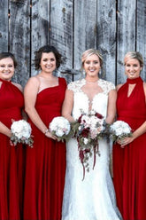 Red Empire Long Bridesmaid Dress with Ruching
