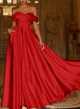 Red Off The Shoulder Satin A-Line Long Prom Dress with Pockets