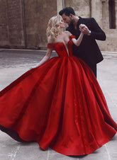 Red Off The Shoulder Satin Ball Gown Long Prom Dress