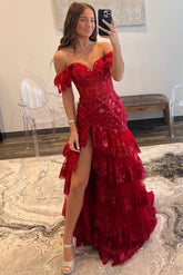 Red Off The Shoulder Sequin Mermaid Long Prom Dress with Slit