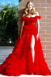 Red Off The Shoulder Tulle A-Line Long Prom Dress with Slit and Ruffles