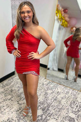 Red One Shoulder Bodycon Homecoming Dress with Long Sleeves