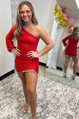 Red One Shoulder Bodycon Homecoming Dress with Long Sleeves