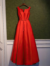 Red Scoop Neck Satin A-Line Long Prom Dress with Bow