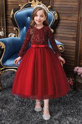 Red Scoop Neck Tulle A-Line Flower Girl Dress with Long Sleeves