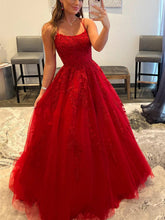 Red Scoop Neck Tulle A-Line Long Prom Dress with Lace Appliques