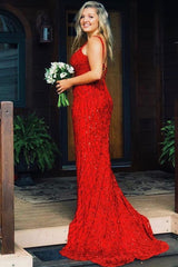 Red Spaghetti Strap Sequin Mermaid Long Prom Dress Side View