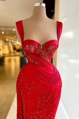 Red Sweetheart Mermaid Long Prom Dress with Beading and Slit Bodice Detail