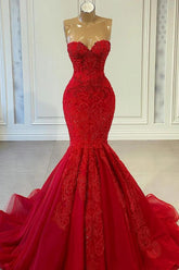 Red Sweetheart Mermaid Long Prom Dress with Lace Appliques