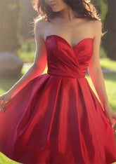 Red Sweetheart Satin A-Line Homecoming Dress with Pleats