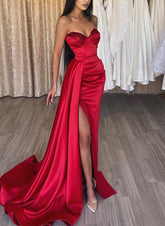 Red Sweetheart Satin Sheath Long Prom Dress with Slit and Ruching