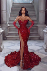 Red Sweetheart Sequin Mermaid Long Prom Dress with Slit