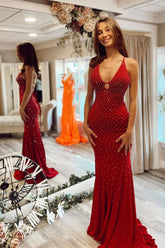 Red V-Neck Mermaid Long Prom Dress with Rhinestones