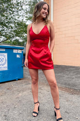 Red V-Neck Satin A-Line Homecoming Dress with Pockets