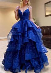 Royal Blue Deep V-Neck Ball Gown Long Prom Dress with Ruffles