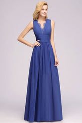 Royal Blue Deep V-Neck Chiffon A-Line Long Bridesmaid Dress