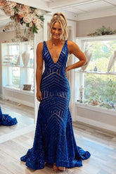 Royal Blue Deep V-Neck Sequin Mermaid Long Prom Dress with Court Train