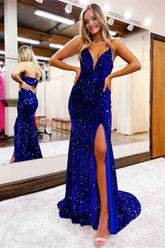 Royal Blue Deep V-Neck Sequin Mermaid Long Prom Dress with Slit and Open Back