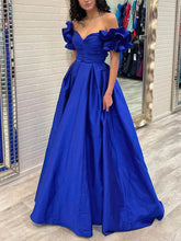 Royal Blue Off The Shoulder A-Line Long Prom Dress with Pockets