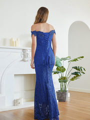 Royal Blue Off The Shoulder Lace Mermaid Long Prom Dress Back View