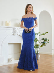 Royal Blue Off The Shoulder Lace Mermaid Long Prom Dress