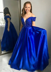 Royal Blue Off The Shoulder Satin A-Line Long Prom Dress