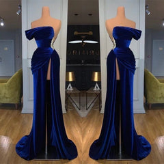 Simple Blue Mermaid One Shoulder Velvet Long Beads Prom Dresses with Split