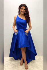 Royal Blue One Shoulder Satin A-Line Homecoming Dress with Pockets