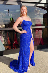 Royal Blue Scoop Neck Sequin Sheath Long Prom Dress with Slit